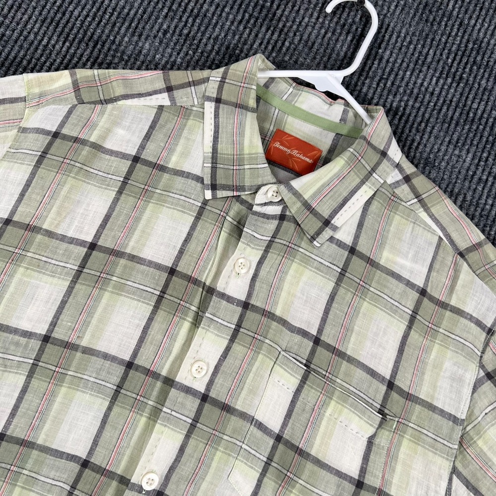 Tommy Bahama Shirt Mens Large Green Plaid Short Sleeve Button Up Linen Hawaiian